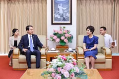 La directrice générale de l'Agence vietnamienne d'information (VNA), Vu Viêt Trang, reçoit à Hanoi l'ambassadeur de Chine au Vietnam, He Wei. Photo: VNA