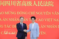 Le président de la Cour populaire suprême du Vietnam Nguyên Van Quang (gauche) et Chen Zhijun, président de la Cour populaire supérieure du Sichuan. Photo: VNA