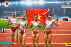 Dans la finale du 4x400 m féminin, le quatuor composé de Hoang Thi Minh Hanh, Quach Thi Lan, Nguyen Thi Hang et Nguyen Thi Ngoc a livré une prestation de haut niveau pour franchir la ligne d’arrivée en tête en 3 min 31 s 16. Photo: Fédération vietnamienne d’athlétisme