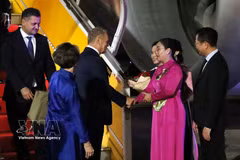 La vice-présidente du Comité populaire de Da Nang, Nguyen Thi Anh Thi, accueille le Premier ministre polonais Donald Tusk à l’aéroport international de Da Nang. Photo : VNA