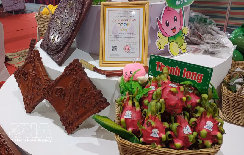 Produits à base de fruit du dragon à chair rouge et articles d’artisanat classés trois étoiles OCOP de la coopérative agricole propre Hung Thinh Phat, dans la commune de Tan Thuan Binh, province de Dong Thap. Photo : VNA