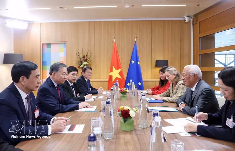 Lors de l'entretien entre le secrétaire général du Comité central du Parti communiste du Vietnam et président de la République, To Lam et le président du Conseil européen António Costa. Photo : VNA