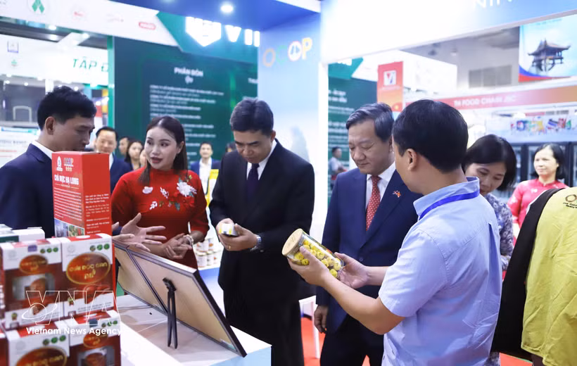 L'ambassadeur du Vietnam au Laos, Nguyễn Minh Tâm, et le vice-ministre lao de l'Industrie et du Commerce, Phouthavanh Nanthavong, visitent le pavillon vietnamien à la Foire commerciale Vietnam-Laos 2026. Photo : VNA 
