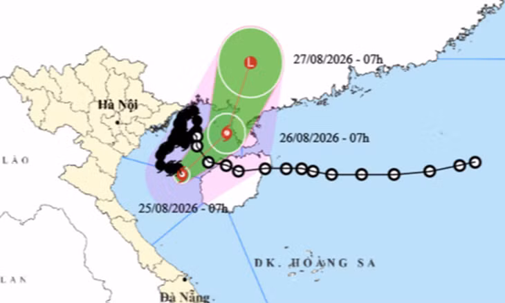 Carte indiquant la trajectoire et l'intensité prévues du typhon Narra au 25 août 2026 à 08h00. Photo : NCHMF