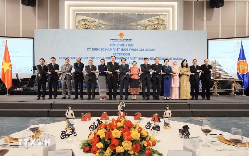 Le vice-Premier ministre et ministre des Affaires étrangères, Bui Thanh Son avec des ambassadeurs, des chefs de missions diplomatiques, des représentants d’organisations internationales au Vietnam. Photo: VNA