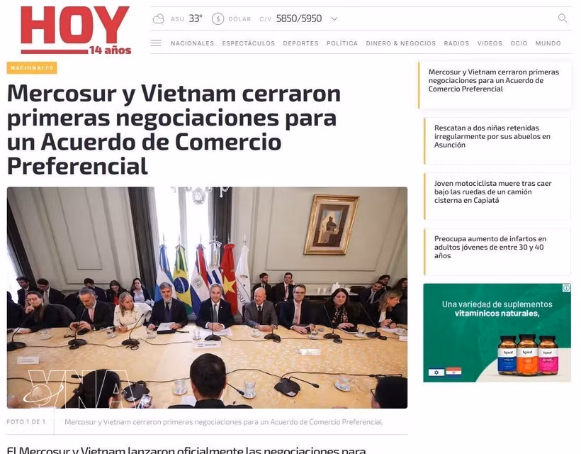 Article paru sur le journal paraguayen "Hoy" sur les négociations en vue d’un accord commercial préférentiel (ACP) entre le Vietnam et le Mercosur, Photo: VNA