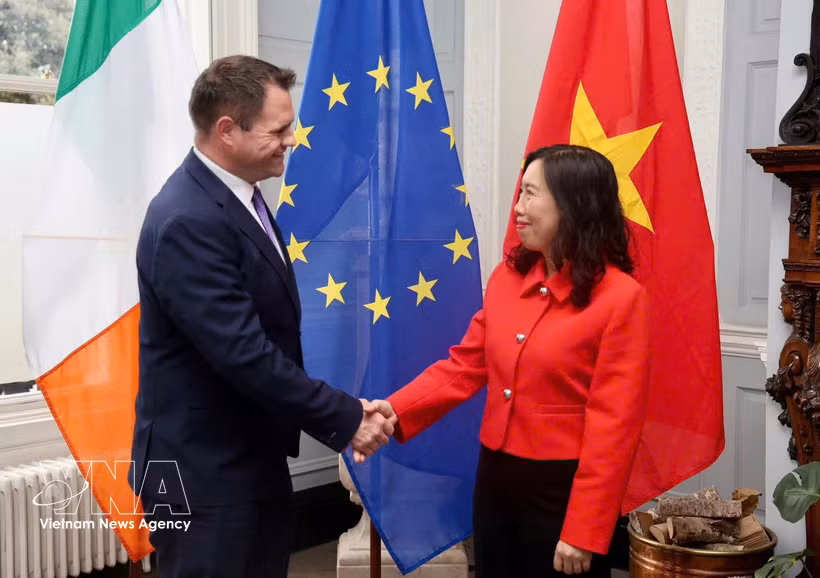 La vice-ministre des Affaires étrangères, Lê Thi Thu Hang (à droite) et le ministre d’État irlandais au ministère des Affaires étrangères et du Commerce, Neale Richmond, se serrent la main. Photo : VNA