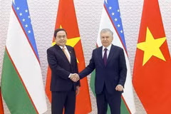 Le président de l'Assemblée nationale du Vietnam, Tran Thanh Man (gachue) et le président ouzbek Shavkat Mirziyoyev. Photo : VNA
