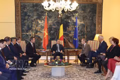 Le secrétaire général du Parti communiste du Vietnam et président de la République, To Lam, a eu une entrevue avec les présidents des deux chambres du Parlement fédéral belge, Vincent Blonde (gauche) et Peter De Roover (droite). Photo : VNA