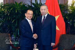 Le secrétaire général du Parti communiste du Vietnam et président de la République, Tô Lâm, et le président du Parlement singapourien, Seah Kian Peng. Photo : VNA