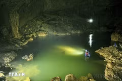 Des visiteurs suivent le parcours le long de la rivière souterraine ou nagent pour s’enfoncer au cœur du site et explorer « Xuyen Son Ho », dans le parc national de Phong Nha - Ke Bang. Photo : VNA