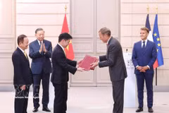 Le secrétaire général du Comité central du Parti communiste du Vietnam et président de la République, Tô Lâm, et le président français Emmanuel Macron assistent à la cérémonie de remise de documents et d’accords de coopération entre les deux pays. Photo : VNA