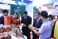 L'ambassadeur du Vietnam au Laos, Nguyễn Minh Tâm, et le vice-ministre lao de l'Industrie et du Commerce, Phouthavanh Nanthavong, visitent le pavillon vietnamien à la Foire commerciale Vietnam-Laos 2026. Photo : VNA 
