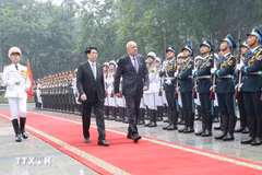 Le président Luong Cuong préside la cérémonie d'accueil officielle de son homologue hongrois Sulyok Tamas. Photo : VNA