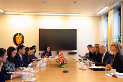 Le vice-président de l’Assemblée nationale Nguyen Doan Anh s’entretient avec le premier vice-président du Parlement norvégien, Morten Stordalen. Photo : VNA