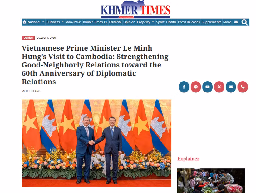 Le journal Khmer Times a publié un article d’Uch Leang, directeur par intérim du Centre d'études asiatiques, africaines et du Moyen-Orient à l'Institut des relations internationales du Cambodge, estimant que la visite officielle du Premier ministre Le Minh Hung au Cambodge, les 9 et 10 octobre, Photo : capture de l'écran