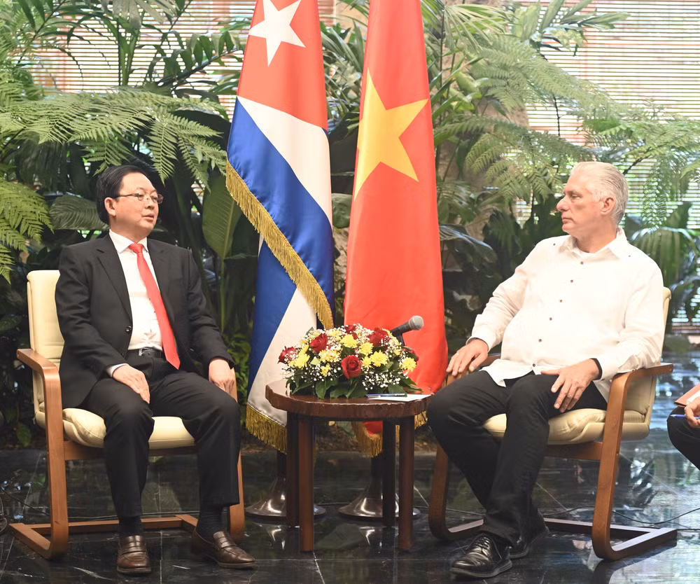 Le vice-Premier ministre Ho Quoc Dung (gauche) rencontre le premier secrétaire et président cubain Miguel Díaz-Canel Bermúdez. Photo: VNA