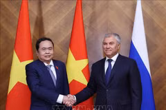 Le président de la Douma d'État russe, Viatcheslav Victorovitch Volodine (droite), et le président de l'Assemblée nationale vietnamienne, Tran Thanh Man. Photo: VNA