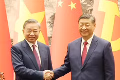Le secrétaire général du Parti communiste du Vietnam (PCV) et président To Lam (gauche) et le secrétaire général du Parti communiste et président chinois Xi Jinping. Photo. VNA