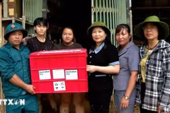 La vice-présidente du Comité populaire provincial de Yen Bai, Vu Thi Hien Hanh, remet des cadeaux de soutien du gouvernement australien à des sinistrés au quartier de Hong Ha, ville de Yen Bai, le 13 septembre. Photo : VNA