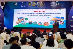 Panorama de la conférence placée sur le thème « Promouvoir et valoriser le tourisme dans le delta du Mékong et Kien Giang », le 11 avril à Hanoï. Photo : Vietnam+