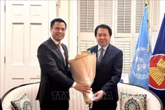 L'ambassadeur Dang Hoang Giang, chef de la Mission permanente du Vietnam auprès de l'ONU (gauche) félicite l'ambassadeur Anouparb Vongnorkeo, chef de la Mission permanente du Laos auprès de l'ONU. Photo: VNA