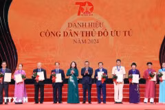 La vice-présidente de la République Vo Thi Anh Xuân et le président du Comité populaire municipal Trân Sy Thanh ont décerné le tire « Citoyens d’élite » de 2024 à dix individus. Photo. VNA