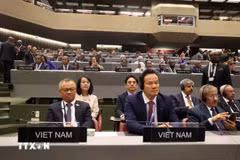 Le vice-président de la Commission des relations extérieures de l’Assemblée nationale du Vietnam, Nguyên Manh Tiên (à gauche) et les membres de la délégation vietnamienne à l’UIP-49. Photo : VNA