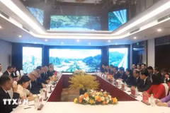 Le secrétaire du Comité du Parti de la province de Cao Bang (Nord), Trân Hông Minh, recevant le secrétaire du Comité du Parti de la ville de Baise de la région autonome Zhuang du Guangxi, Huang Rusheng. Photo : VNA