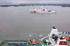 Le commandement de la Région 3 de la Garde côtière vietnamienne a organisé mardi 3 décembre, dans la ville de Vung Tau, province de Ba-Vung Tau (Centre), une cérémonie d'adieu du navire CSB 8005 qui part pour une visite de travail avec la Garde côtière indienne. Photo: VNA
