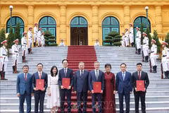 Le secrétaire général du Parti et président To Lam et les nouveaux ambassadeurs prennent la photo. Photo : VNA