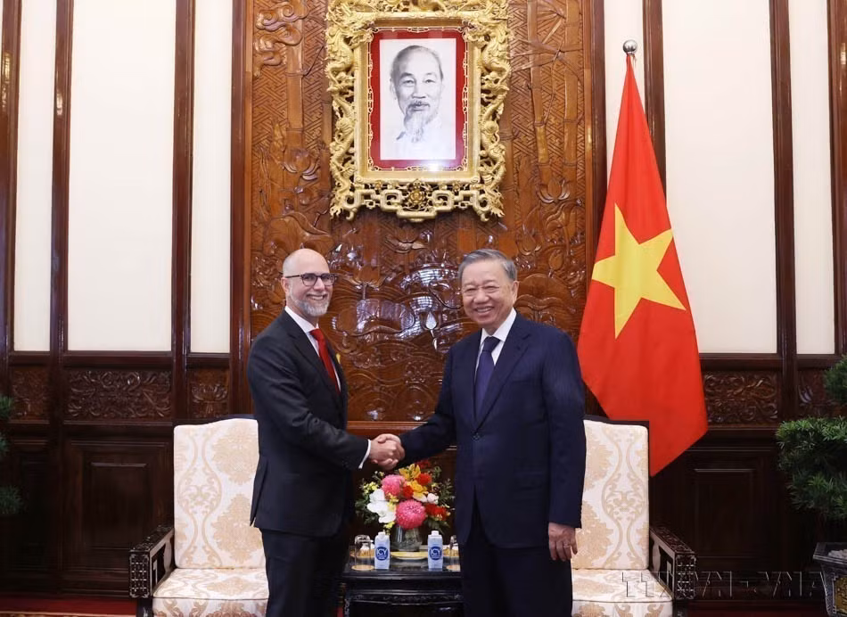Le président de la République, To Lam (droite), reçoit l’ambassadeur du Canada au Vietnam, Shawn Steil, le 2 août 2024, à Hanoï. Photo : VNA