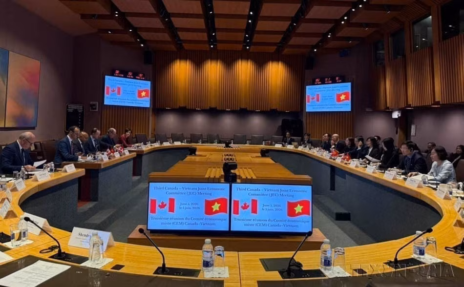 La 3e réunion du Comité mixte économique Vietnam-Canada (JEC 3) s'est déroulée sous la co-présidence de la vice-ministre vietnamienne de l'Industrie et du Commerce, Phan Thi Thang, et du sous-ministre canadien des Affaires mondiales, Arun Thangaraj, le 6 juin 2026. Photo : VNA