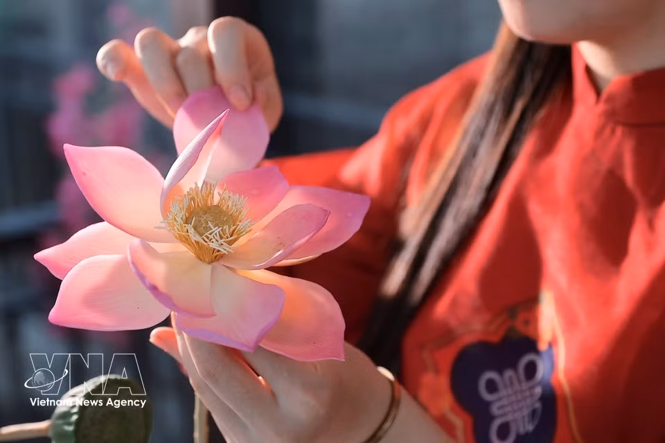 Chaque pétale est façonné et modelé à la main avec une extrême minutie, afin de reproduire fidèlement la courbure et la délicatesse des fleurs naturelles. Photo : VNA