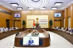 Les membres du Comité d’amendement de la Constitution lors d’un vote lors de la réunion, à Hanoi, le 5 mai. Photo : VNA