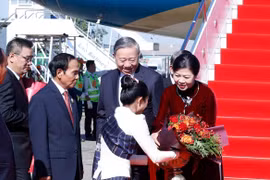 Le secrétaire général du Parti communiste du Vietnam (PCV), Tô Lâm, et son épouse Ngô Phuong Ly à l’aéroport international de Wattay. Photo: VNA