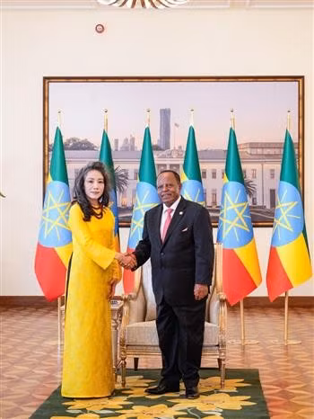 L'ambassadrice du Vietnam en Tanzanie et en Éthiopie, Vu Thanh Huyen, et le président d'Éthiopie, Taye Atske Selassie. Photo: VNA
