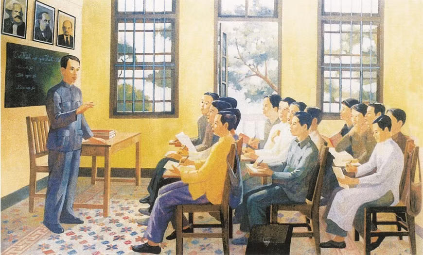 De 1925 à 1927, dans une maison à Guangzhou en Chine, Nguyen Ai Quoc a ouvert des cours de formation politique pour former des cadres pour la Révolution vietnamienne. Peinture exposée à l'exposition. Le Président Hô Chi Minh est né le 19 mai 1890 au village de Kim Liên, district de Nam Dàn, province de Nghê An au Centre. Les Vietnamiens l’ont surnommé "l’Oncle Hô" pour exprimer leur familiarité et leur respect pour lui. Témoin d’une époque turbulente de l’Histoire vietnamienne, dès sa jeunesse, il s’est engagé pleinement à contribuer à la libération nationale et à la révolution internationale. Faisant des sacrifices et poursuivant l’objectif de gagner l’indépendance tout au long de sa vie révolutionnaire, il a tracé la voie de la libération du pays. Il est entré dans l’histoire en devenant l’initiateur de la lutte pour l’indépendance des pays coloniaux du XXe siècle. En 1987 à Paris, pour célébrer le centenaire de naissance de l’Oncle Hô (1890-1990), l’UNESCO a adopté la résolution N°24C/18.65 glorifiant le leader éminent du Vietnam moderne, héros vietnamien de la libération nationale et grand homme de culture. Photo : Minh Thu/Vietnam+ 