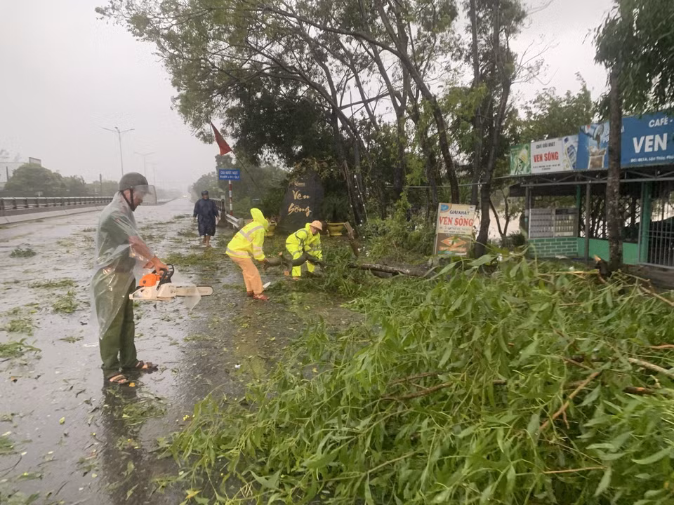 Des policiers de la province de Thua Thien-Hue rangent des arbres abattus par les vents violents du typon Noru. Photo: VNA