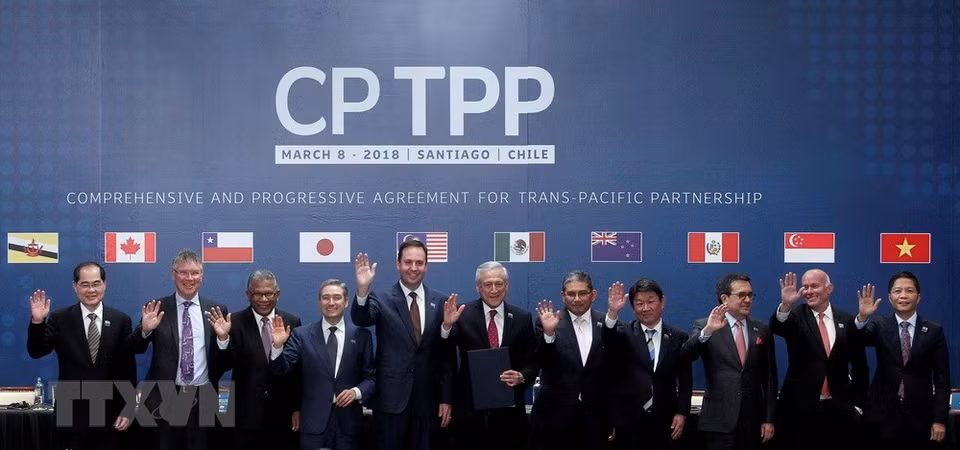 Le ministre vietnamien de l'Industrie et du Commerce Trân Tuân Anh (à droite) et les 10 représentants des pays participant au CPTPP prennent la pause à Santiago. 
