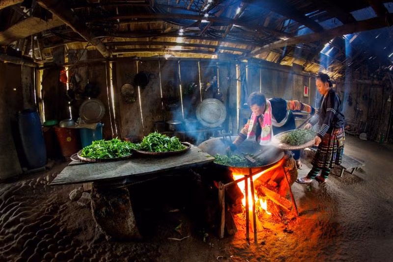 Vang A Khua et sa femme mettent les bourgeons de thé dans une casserole et les font griller sur un poêle à bois.