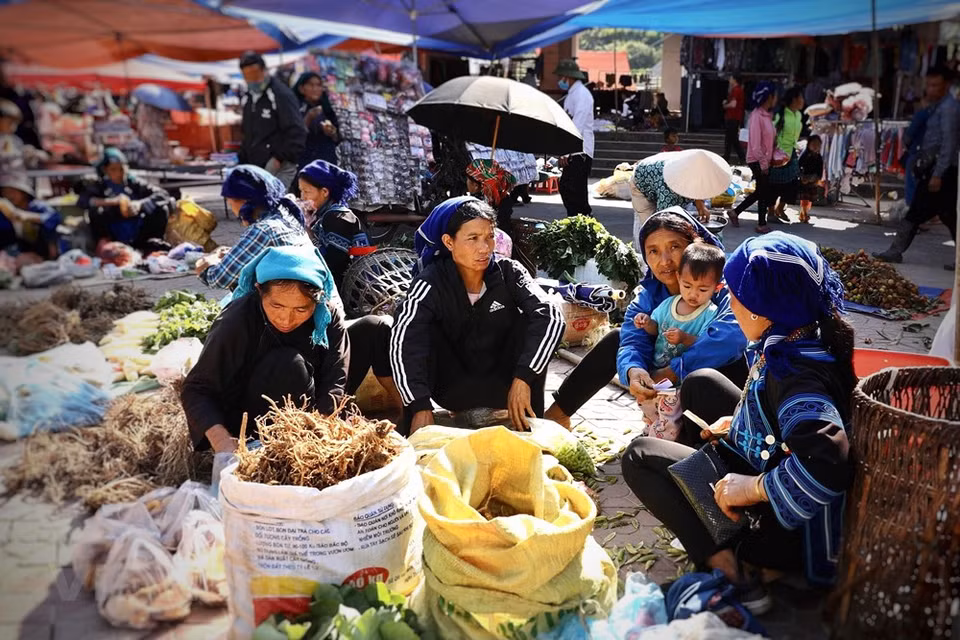 Un coin du marché d'Y Ty. Il se pare aussi des couleurs des costumes des habitants de diverses ethnies minoritaires de la haute région du Tây Bac (Nord-Ouest). Ce marché a un trait qui le rend unique. Il s'agit de la brume qui l'entoure et qui crée un paysage fantasmagorique. Il renferme aussi les traits typiques de la culture unique de la haute région. C'est un lieu pour le commerce, mais on y fait aussi des rencontres, et pour ces montagnards aux conditions de vie rudes, il s'agit également d'un terrain de divertissement. Les locaux viennent vendre des produits qu'ils ont fabriqués ou cultivés, comme par exemple les fruits et légumes des Hà Nhi. Photo: VietnamPlus