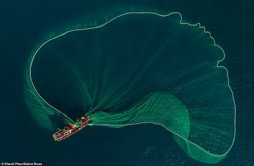 Ce bateau de pêche aux couleurs vives a largué son grand filet dans la mer à An Hai, province de Phú Yên (Centre). Photo: Daily Mail