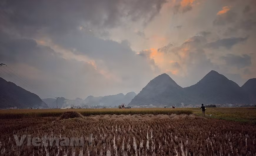 Le coucher de soleil tombe sur des champs dans la province de Lai Chau. Photo: VNA