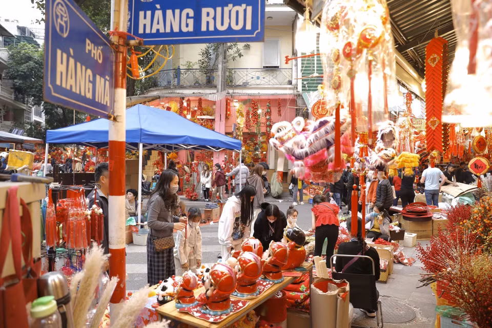  Une fois par an, avant le Têt traditionnel, le Vieux quartier de Hanoï devient beaucoup plus animé avec l’ouverture du marché aux fleurs de Hang Luoc. Photo: VNA 