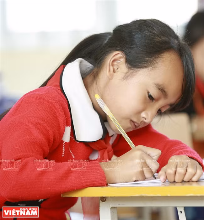 Ly Co Co, de l’ethnie La Hu, élève de 5e classe de l’école secondaire Boum To, année scolaire 2016-2017, a remporté un premier prix en mathématiques. Photo: VNA