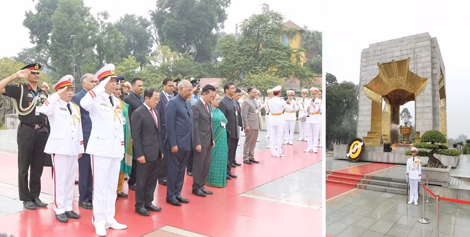 Auparavant, le président indien, son épouse et sa délégation étaient allés déposer une gerbe de fleurs au mémorial des Héros morts pour la Patrie.