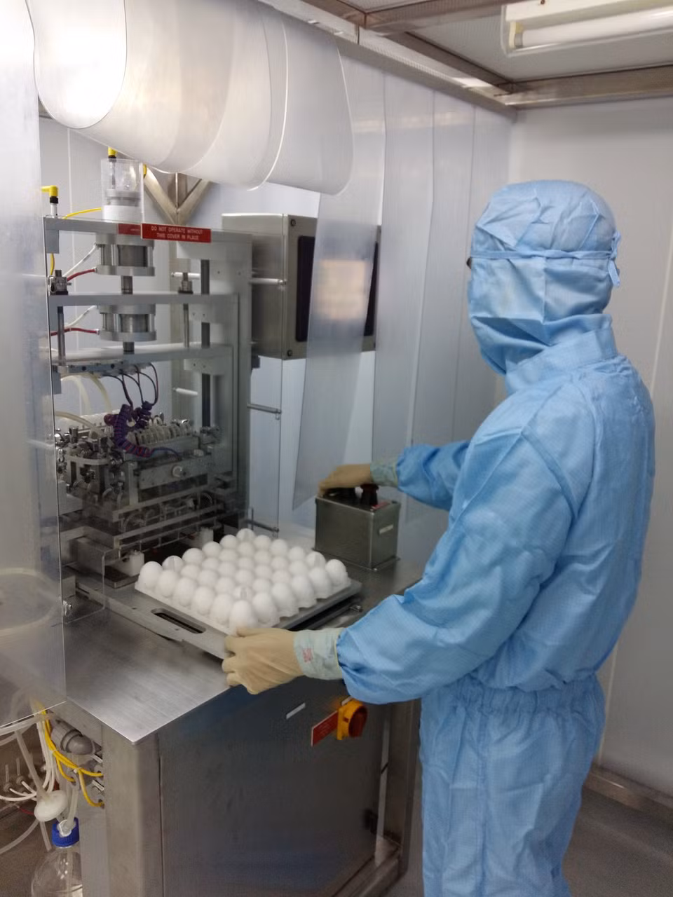 Dépistage des œufs, une étape de recherche de la technique de culture sur embryon d'œuf de poule pour produire le vaccin COVIVAC dans un laboratoire de vaccins moderne, située dans le district de Cam Lam, province de Khanh Hoa. 