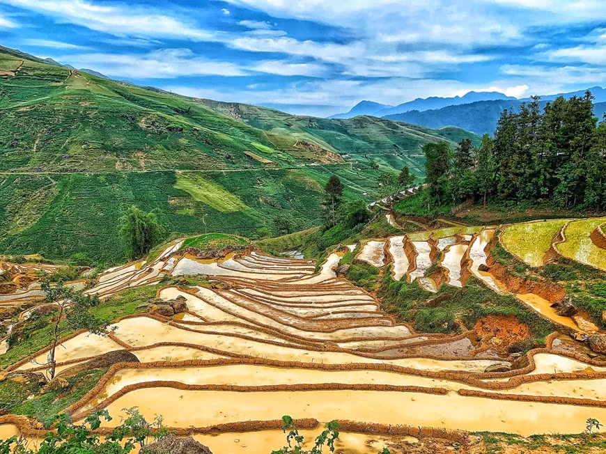 La saison de mise en eau des rizières dure de mai à juin. Alors que les agriculteurs locaux commencent à cultiver du riz, les visiteurs sont traités à la vue d'étangs scintillants. Photo: Vietnam+