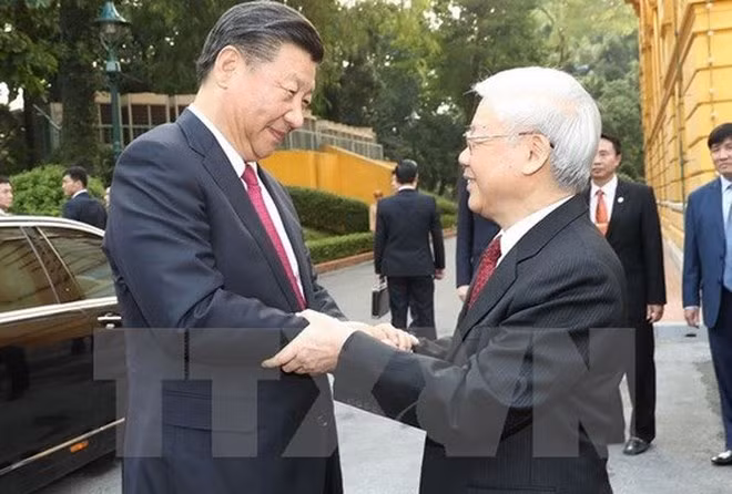 Le secrétaire général du PCV Nguyen Phu Trong (à droite) et le secrétaire général du PCC et président chinois Xi Jinping ont eu un entretien le 12 novembre à Hanoï. 